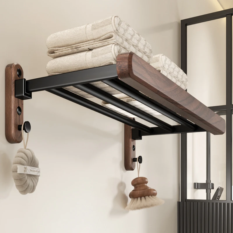 胡桃木毛巾架卫生间免打孔厕所浴室挂衣物置物架一体折叠浴巾架子
