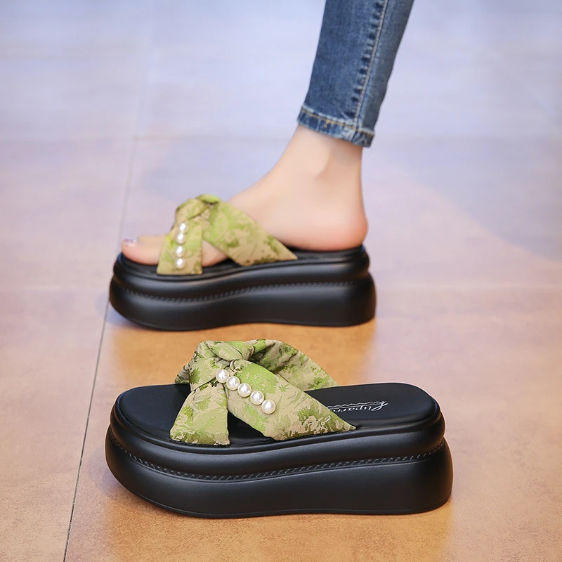 拖鞋女夏外2025年夏季时尚百搭厚底增高软底轻便国风串珠凉拖鞋潮