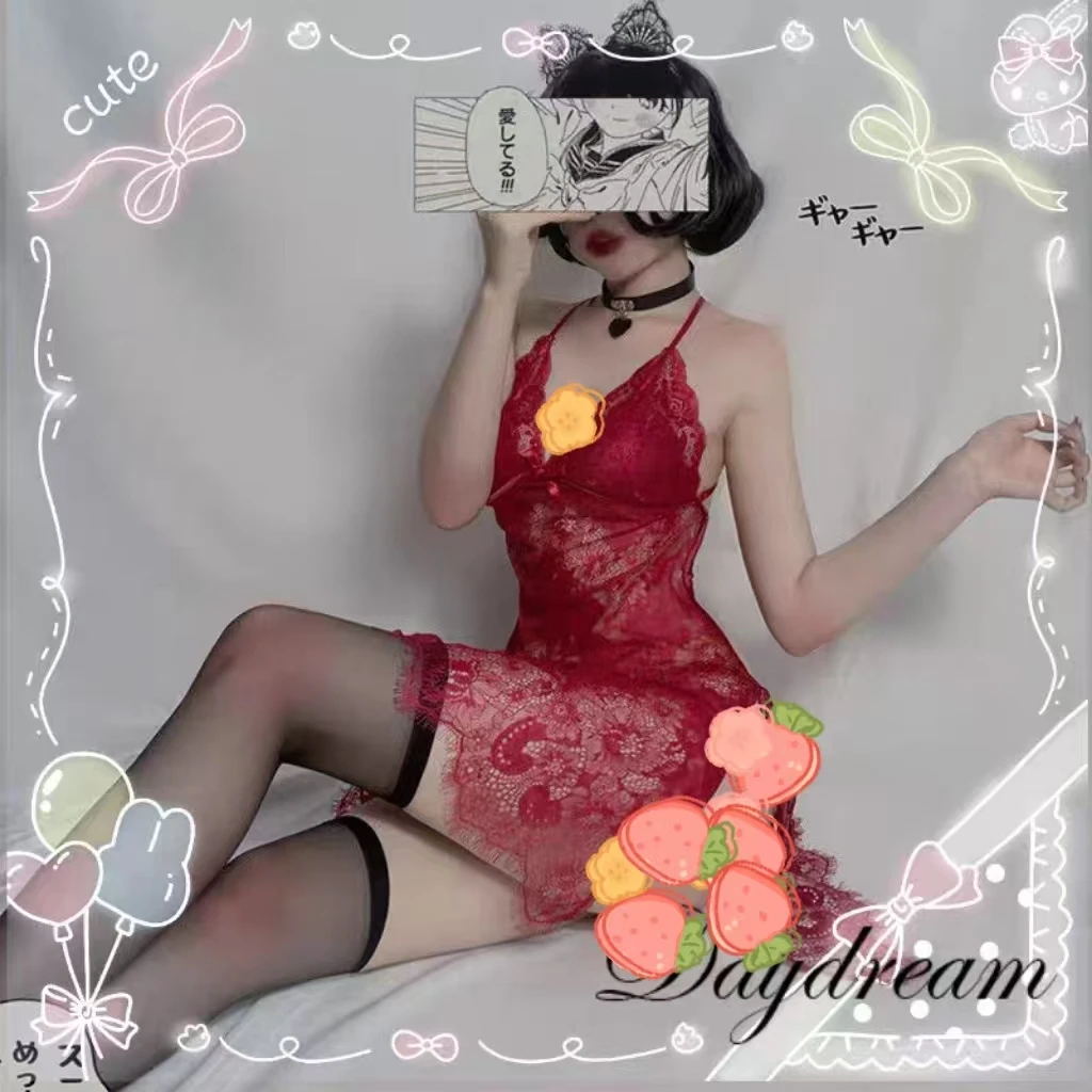 花漾之恋【80-200】蕾丝睡裙女士红色欧美修身显瘦纯欲夏季