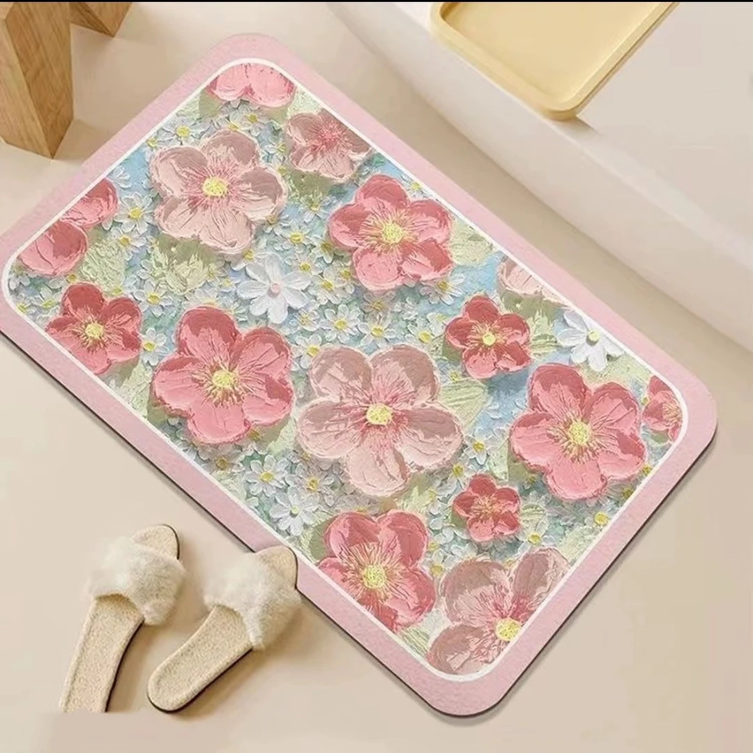 油画花朵60*100cm硅藻泥家用门厅浴室厨房地垫桌面台面垫可爱少女