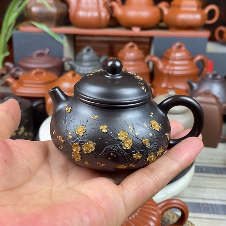 茶壶紫砂容天120cc原矿赵庄朱泥堆花描金