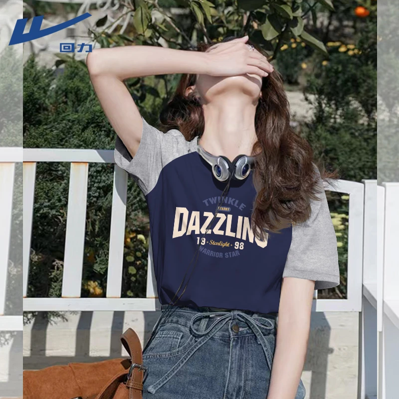 回力藏青短袖t恤女圆领纯棉透气亲肤半袖小个子设计感体恤衫