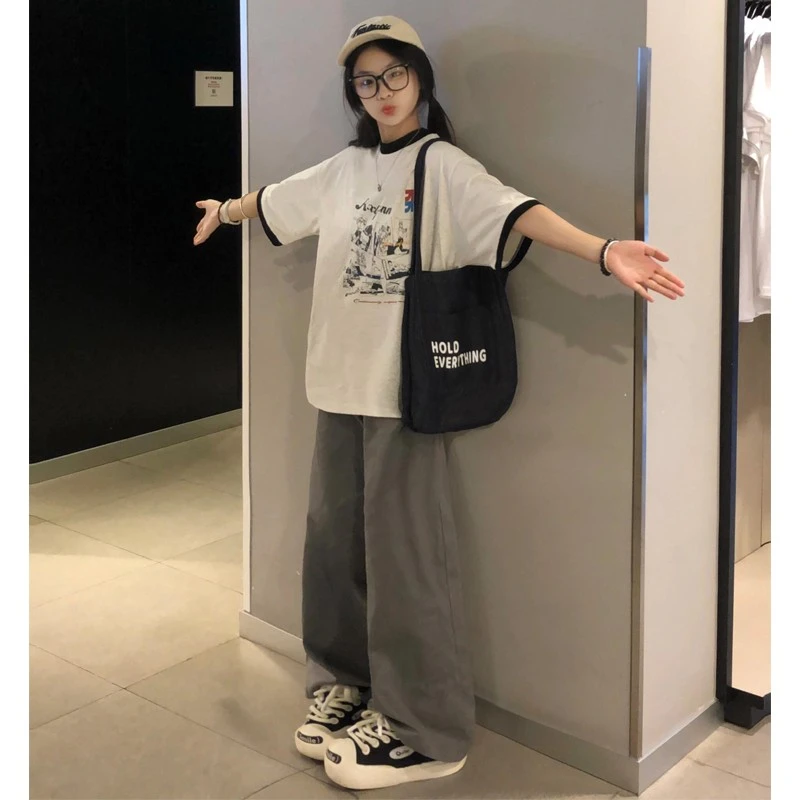 日系少年感休闲运动套装女夏季圆领短袖阔腿裤学生时尚宽松两件套