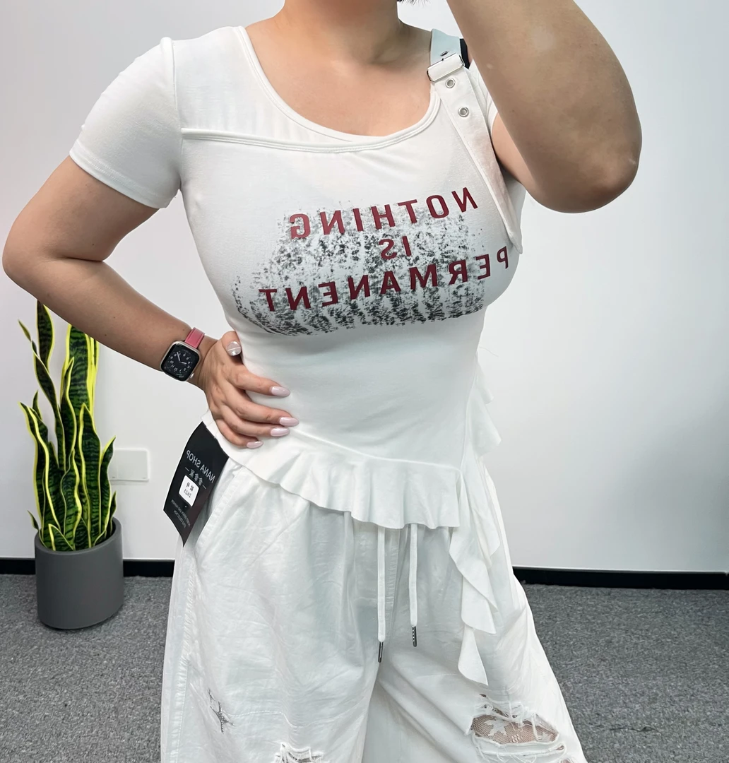 2025【斜肩花边】美式时尚辣妹露肩不对称短袖T荷叶边休闲夏季女士