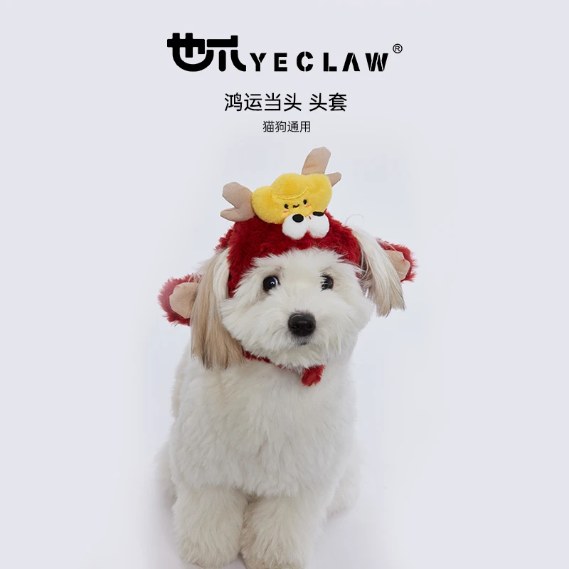 也爪 狗狗猫咪帽子鸿运当头宠物头套可调节小型犬比熊西高地柴犬