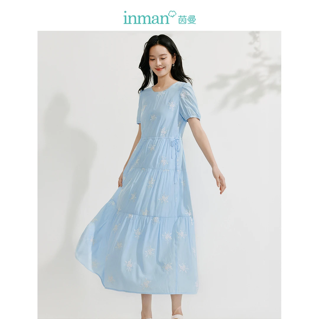 【商场同款】茵曼法式刺绣连衣裙2025夏季女装新款宽松泡泡袖裙子