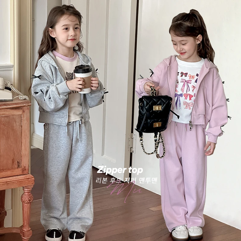 童装男女童2024秋季新款儿童蝴蝶结连帽拉链卫衣宽松运动裤套装潮