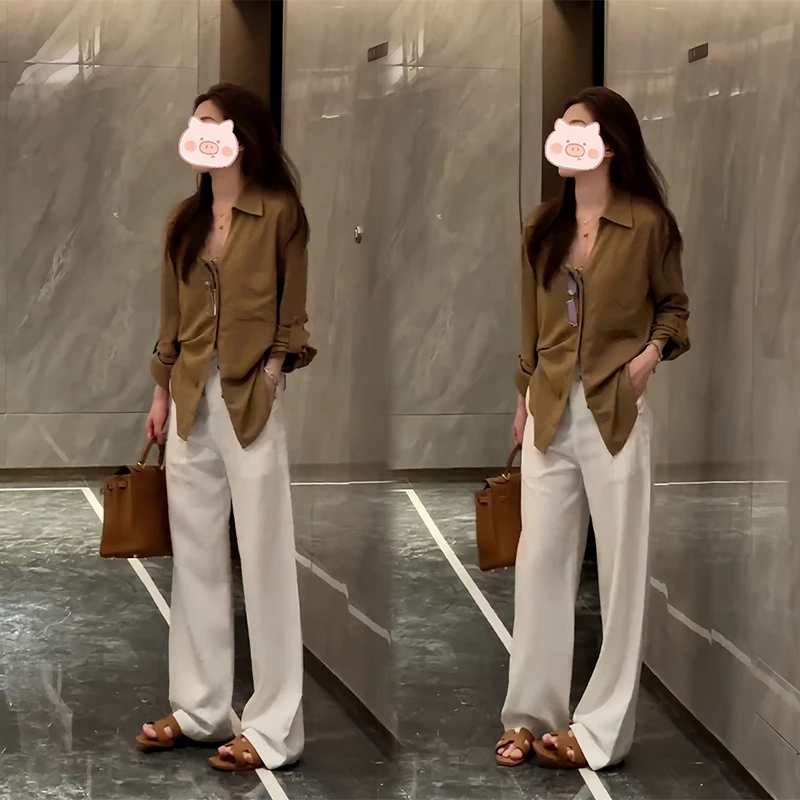 2025超火春装一整套简约POLO领衬衫上衣+显瘦显高休闲裤套装女潮