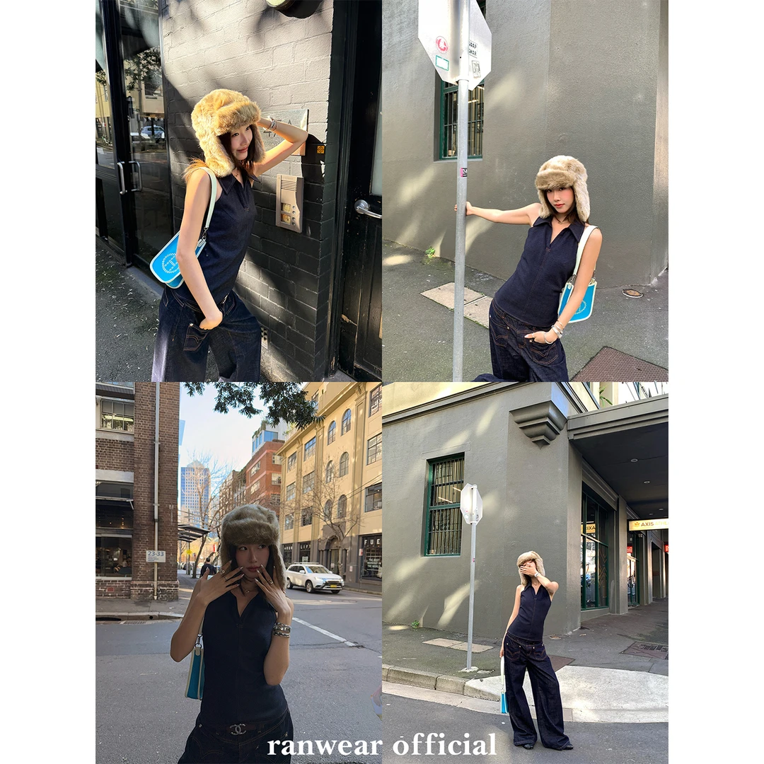 Ranwear model原牛 美式辣妹挂脖牛仔修身V领露背上衣百搭