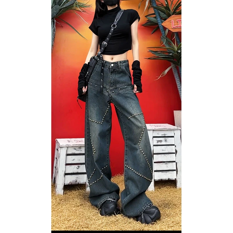 22155 牛仔裤女2025年春夏新款美式宽松显瘦复古设计感阔腿裤子