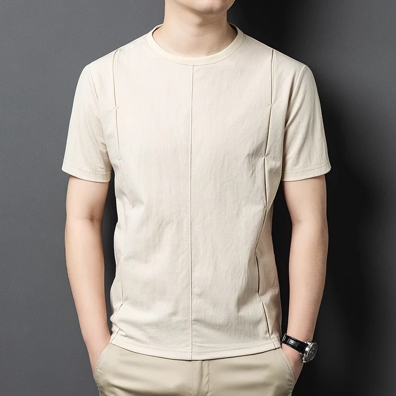 夏季新款男士时尚设计感圆领短袖潮流简约休闲百搭纯色半袖T恤衫