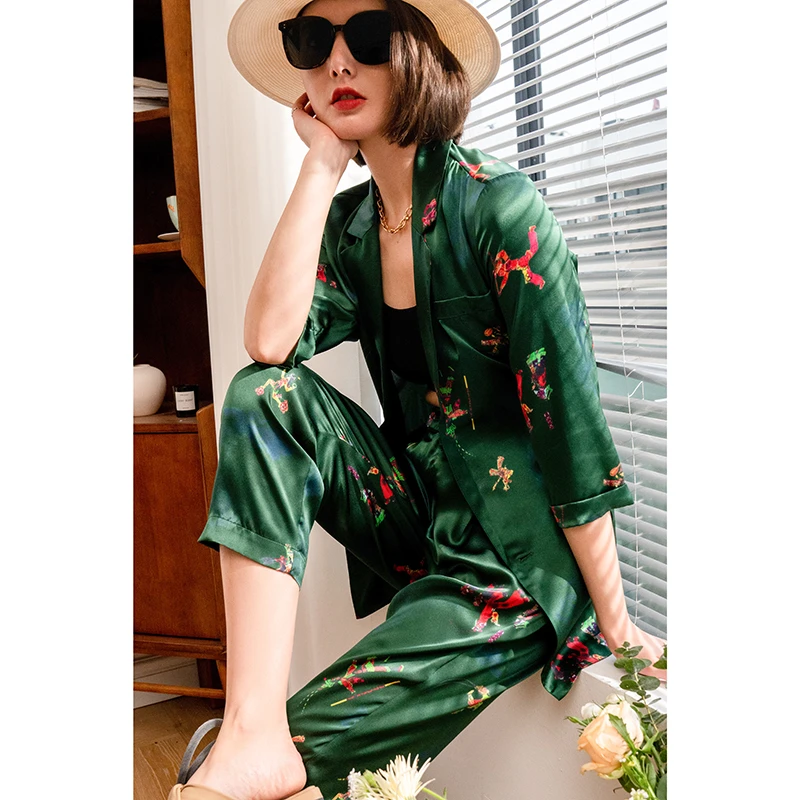 夏季薄款印花长袖宽松西装阔腿裤两件套S1257