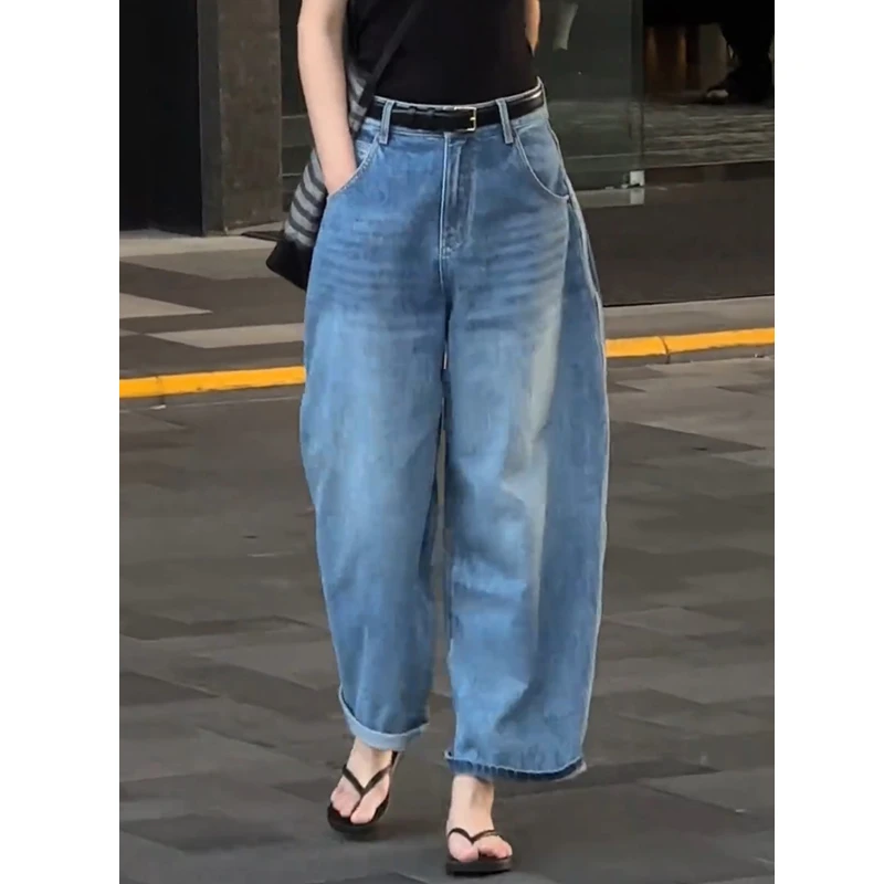 牛仔裤女2025秋季新款爆款裤子显瘦高腰九分裤时尚蓝色弯刀阔腿裤