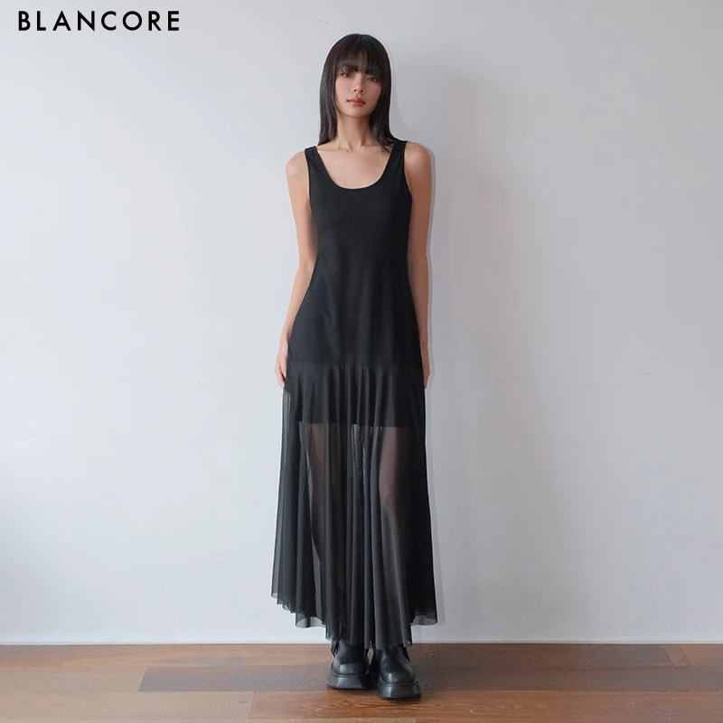 【设计师品牌BLANCORE】2025夏季新款显瘦收腰拼接背心连衣裙女