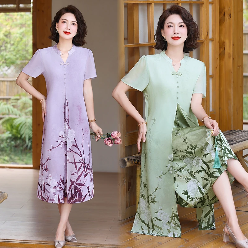 妈妈夏装短袖连衣裙洋气2025新款中老年女夏季遮肚雪纺裙子