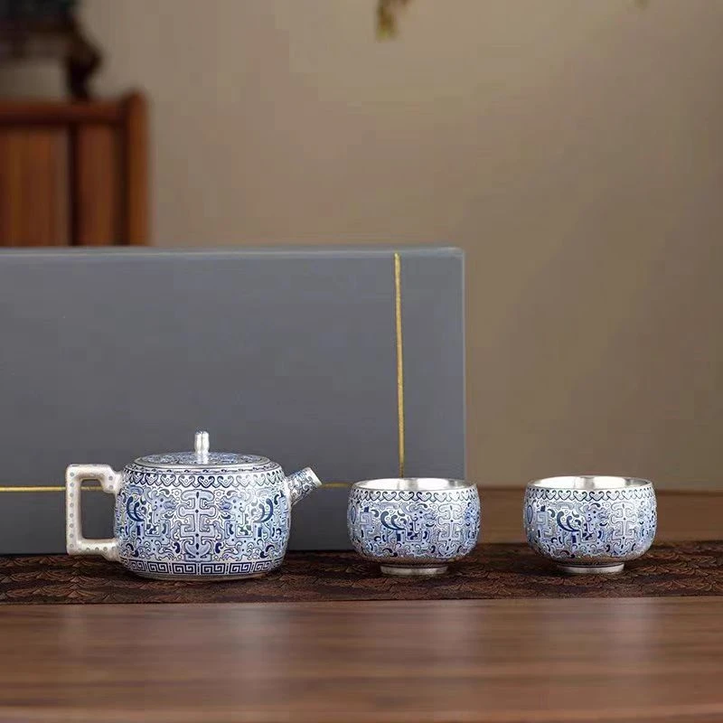 银山社郑丽卿老师手作福龙高照银壶银杯带茶盘-ZHZ450