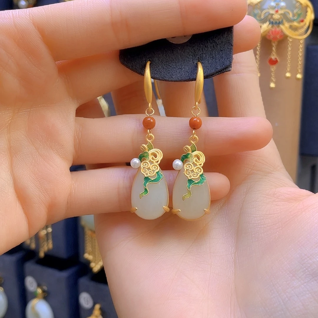 和田玉耳饰银S925镀金镶嵌