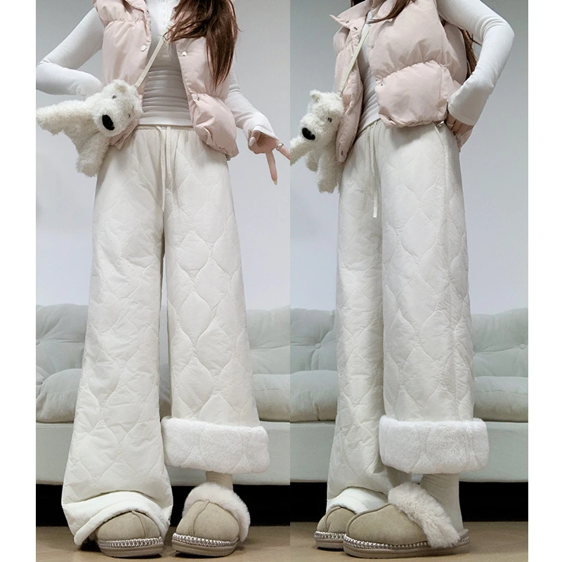 米白羊羔绒防风休闲阔腿裤女冬季加绒加厚高腰保暖外穿直筒裤子