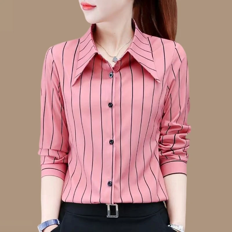 条纹长袖条纹衬衫女妈妈条纹衬衣韩版春秋衬衣宽松气质女装显瘦