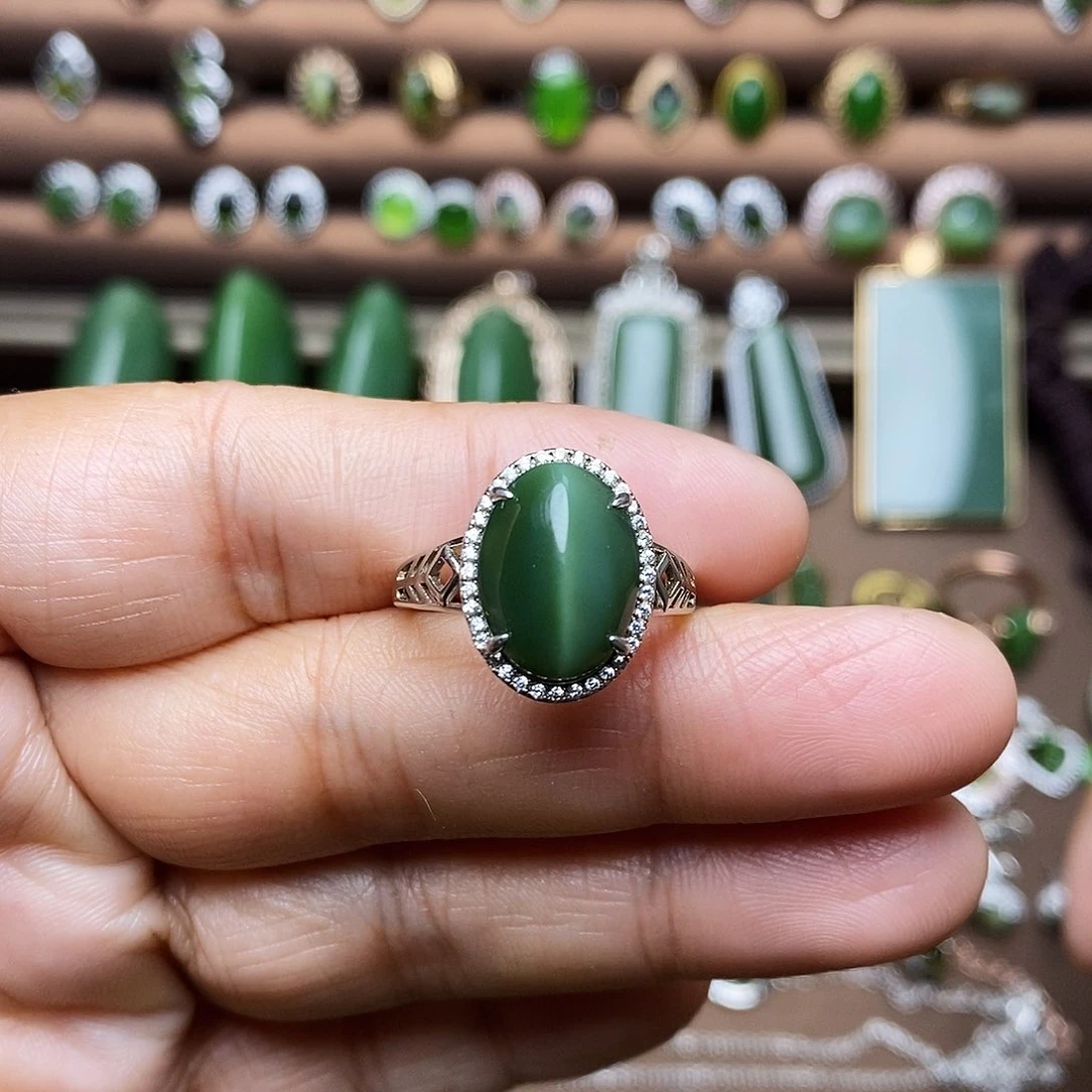 吊坠(不含链)银S925镶嵌和田玉（碧玉）戒指