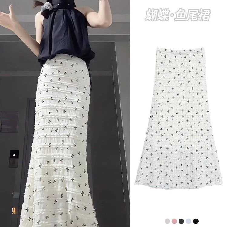 白色蝴蝶结碎花鱼尾长裙女夏季2025新款修身显瘦半身裙纯欲包臀裙