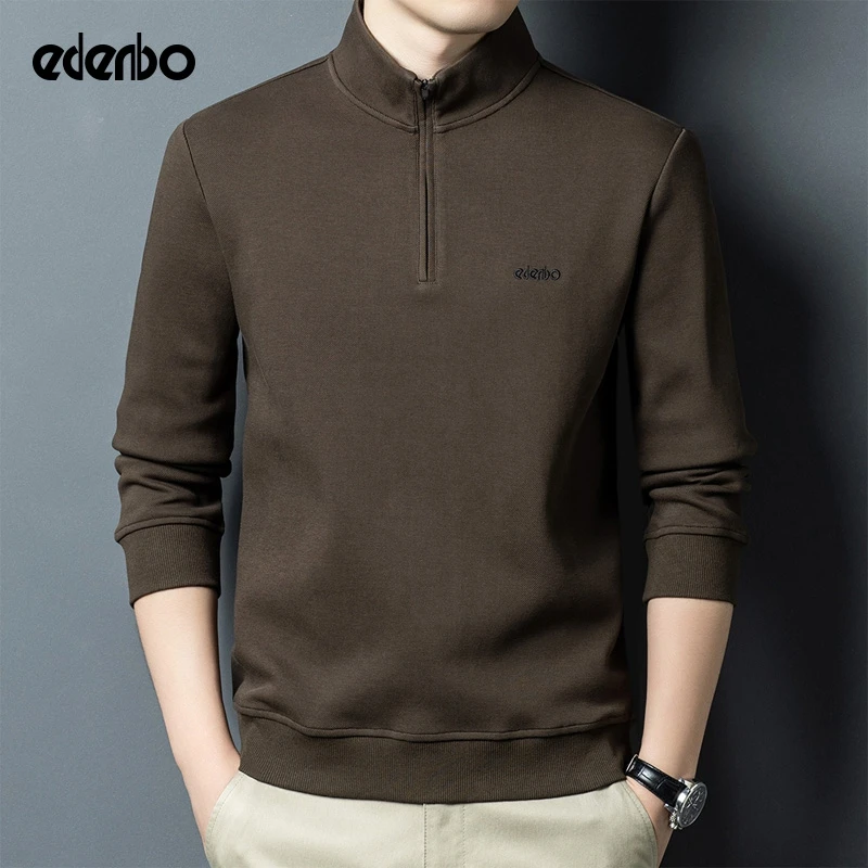 爱登堡男士卫衣秋冬季简约刺绣中青年立领半拉链休闲套头长袖上衣