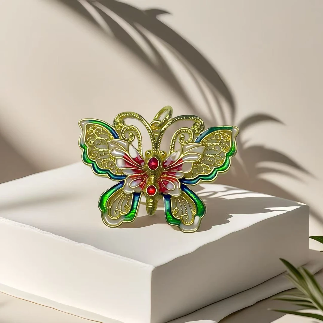 【质检发货】XH18K金珐琅花丝蝴蝶吊坠轻奢，现