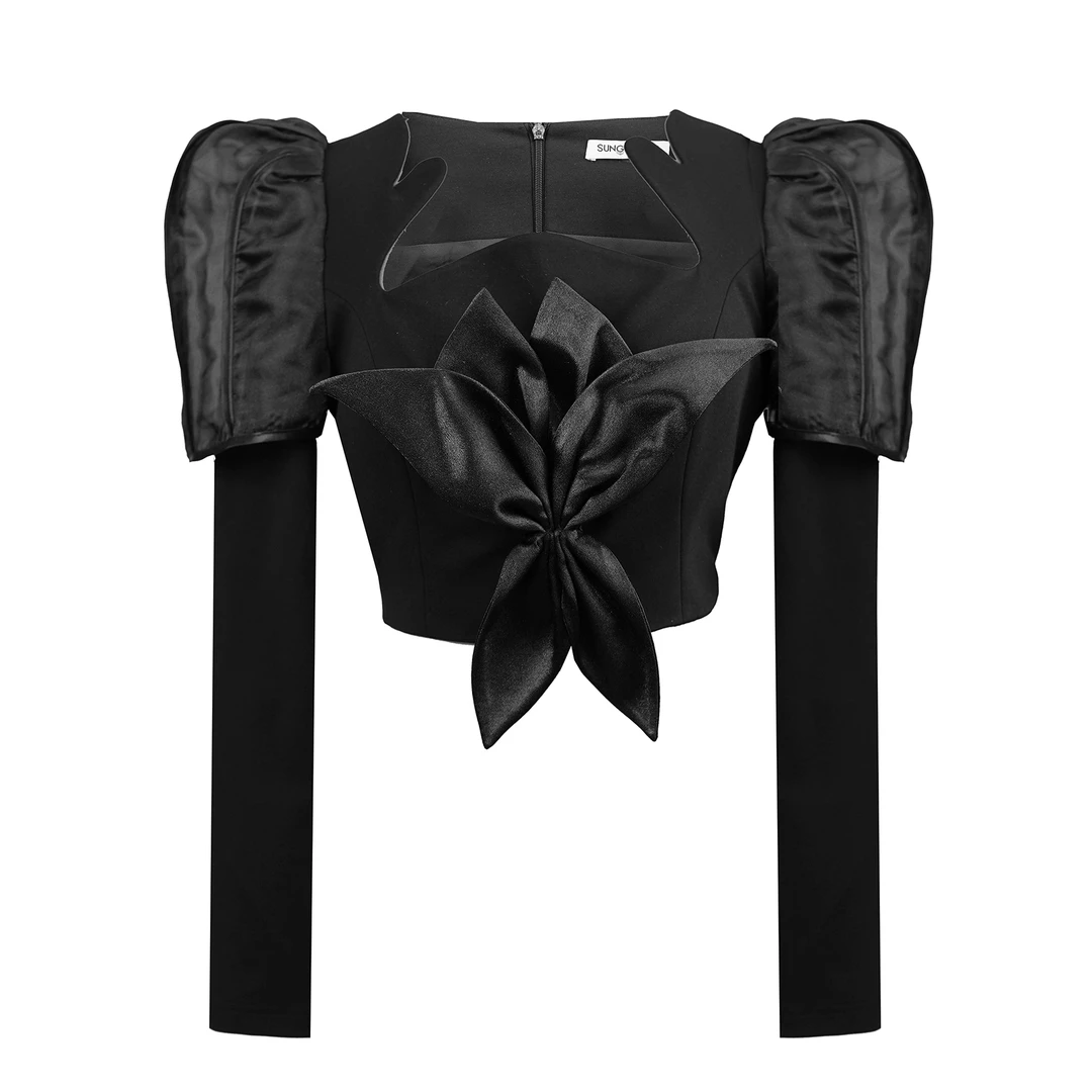 SUNGDOGIN2025A/W秋冬新品"芙蓉花"黑色弧领双袖短款上衣