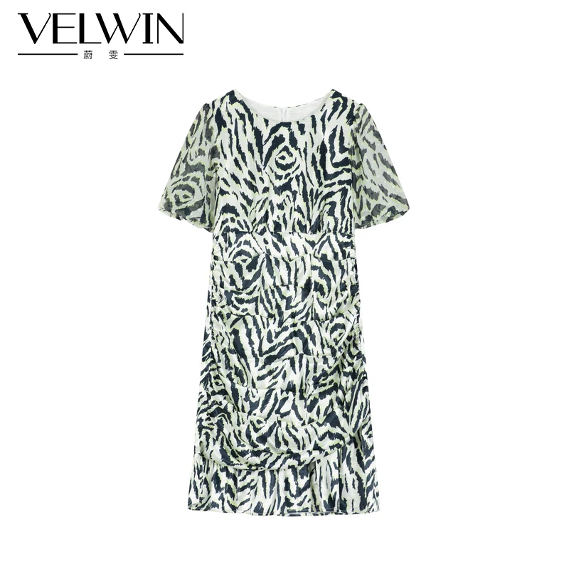 velwin蔚雯女士夏季女装中腰显瘦连衣裙轻奢中长裙印花LELL305F74