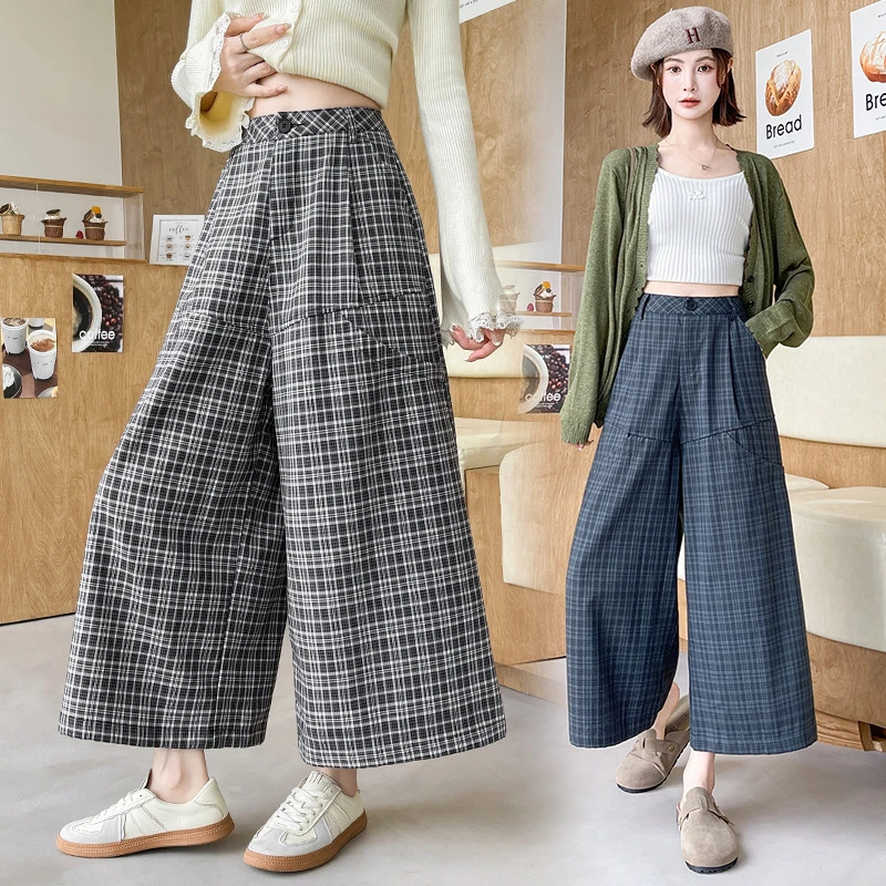 jjj93606格子高腰宽松休闲裤女2025秋季慵懒风百搭显瘦九分阔腿裤