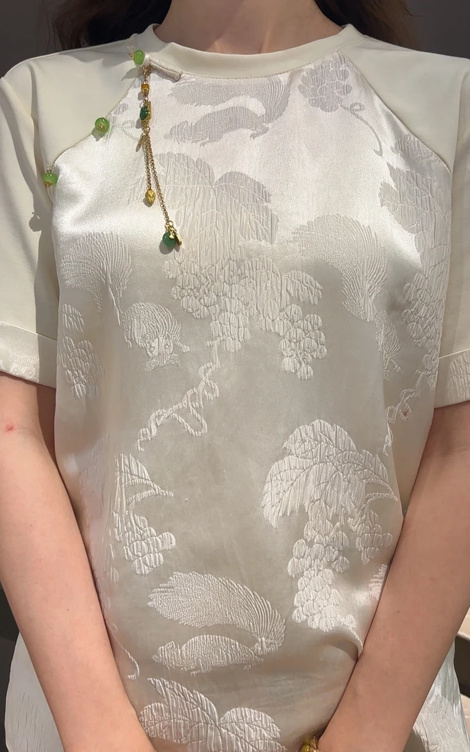 《ELFBOX》时尚中国风百搭复古宽松圆领中式气质提花短袖0178