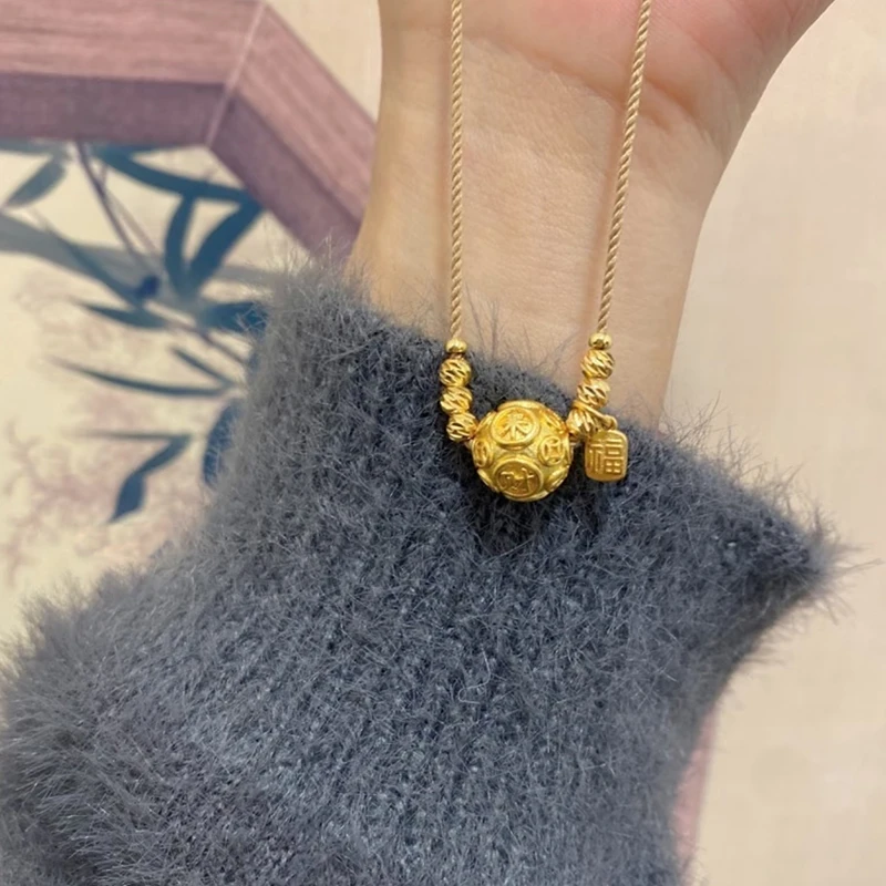 铜合金项链 八方来财圆珠项链女可调节编绳福牌配饰时尚精致百搭