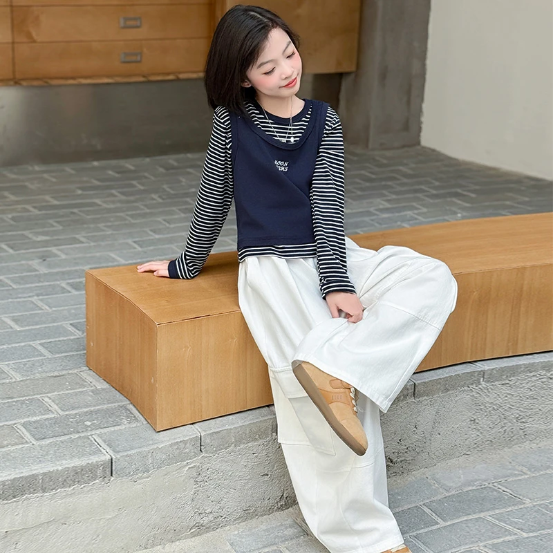 女童超好看韩系穿搭条纹背心套装2025新款初中生大童工装裤三件套
