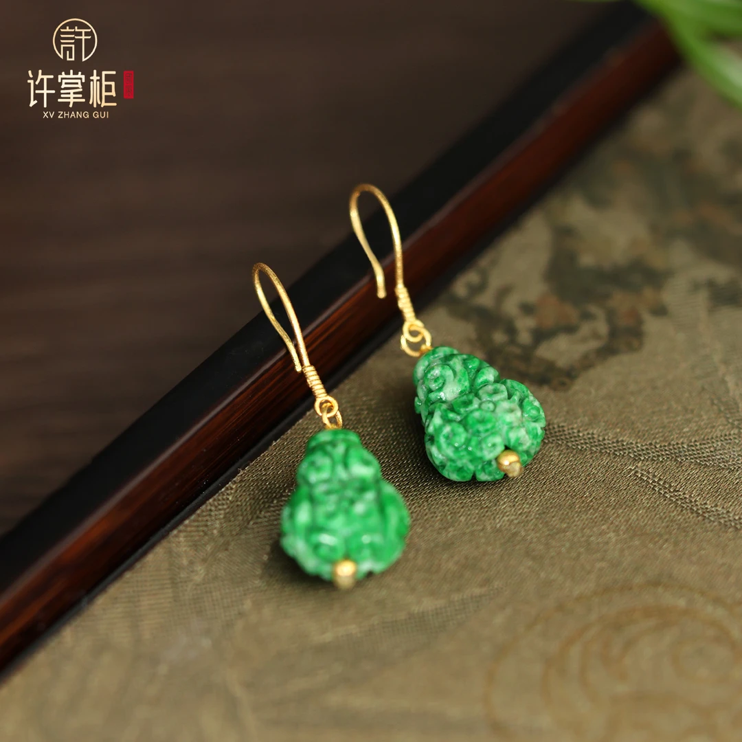 许掌柜｜18K金翡翠耳环天然缅甸翡翠A货国潮雕刻葫芦配饰精致百搭