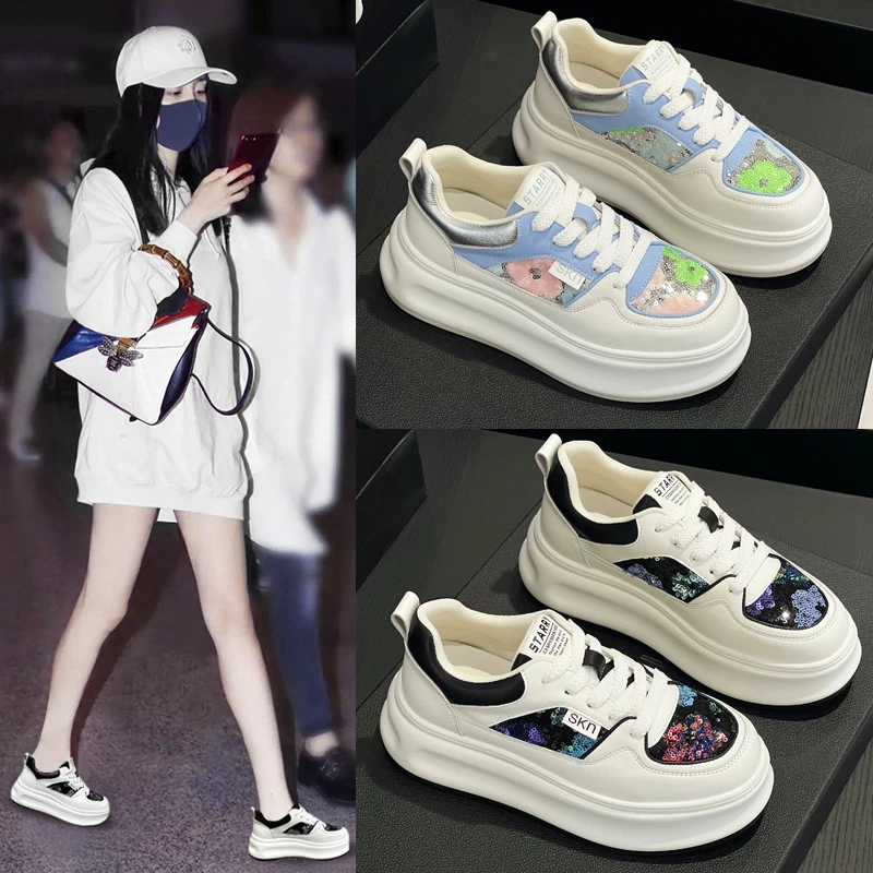 千金风  2025夏季真皮厚底亮片小白鞋 韩版网面学生板鞋 真皮材质