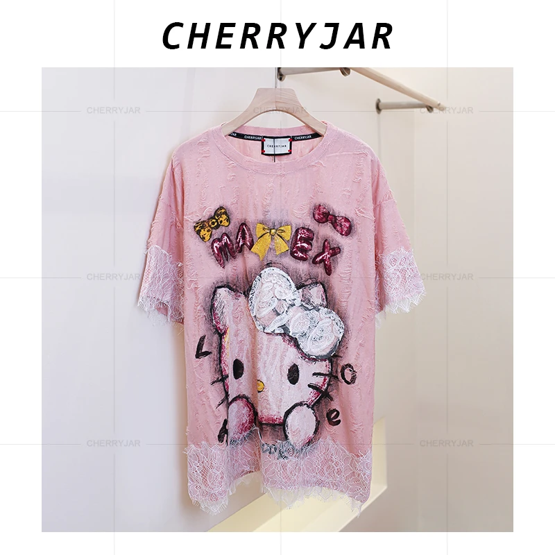 Cherryjar【25819】蕾丝拼接做旧短袖T恤Hello Kitty