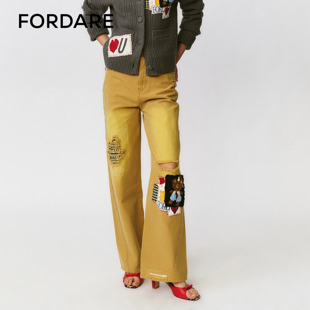 【现货】FORDARE/福蝶25秋冬复古碎花拼布领带小熊长裤