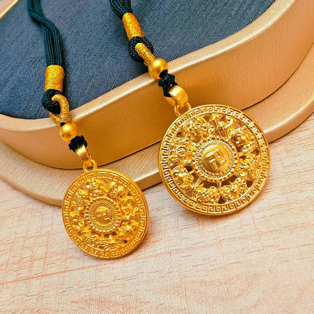 114#足金999黄金5D硬金工艺八宝盘盘黑绳编织    多样性发一