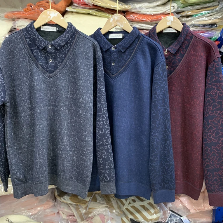 M24220男士加绒翻领假两件针织毛衣