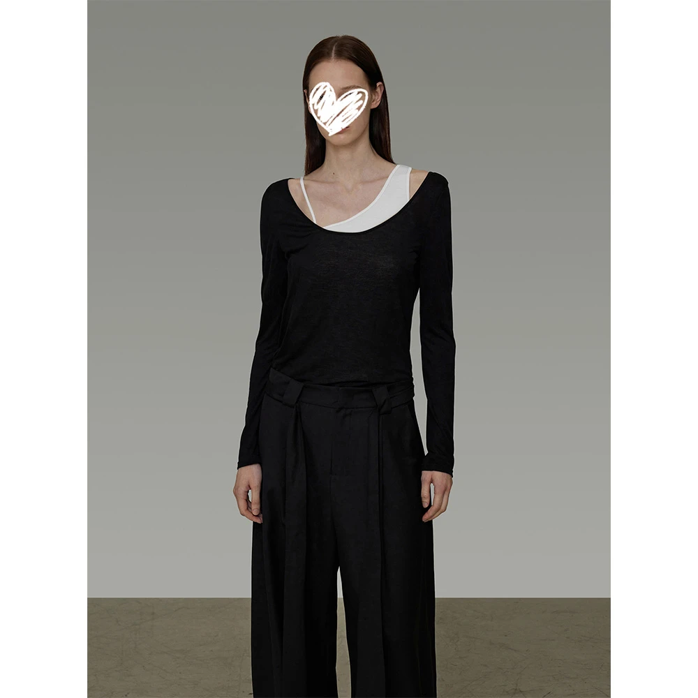 修身显瘦高级感假两件不对称天丝上衣+宽腰带阔腿裤两件套22329