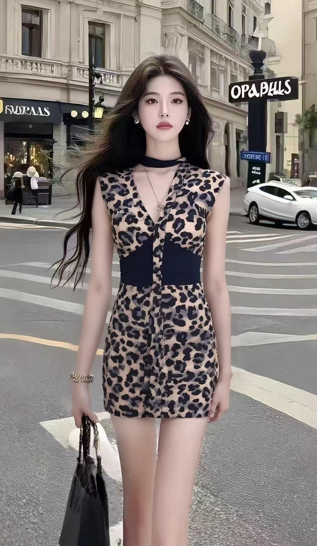 纯欲辣妹风豹纹V领无袖修身收腰包臀设计感连衣裙显瘦高级感短裙