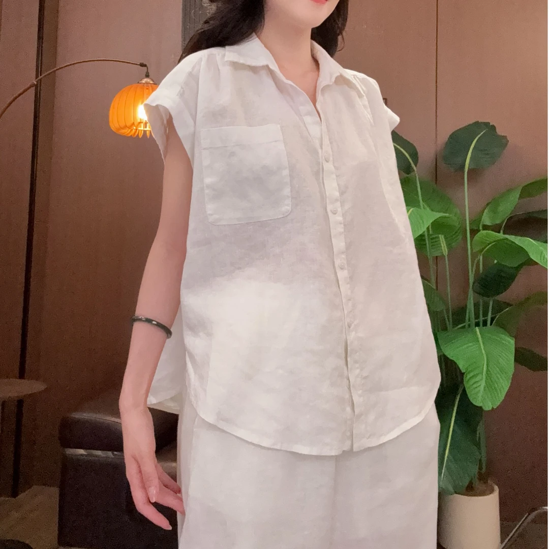 IXIAN女装-夏季翻领无袖宽松型衬衫百搭衬衣时尚休闲宽松气质衬衫