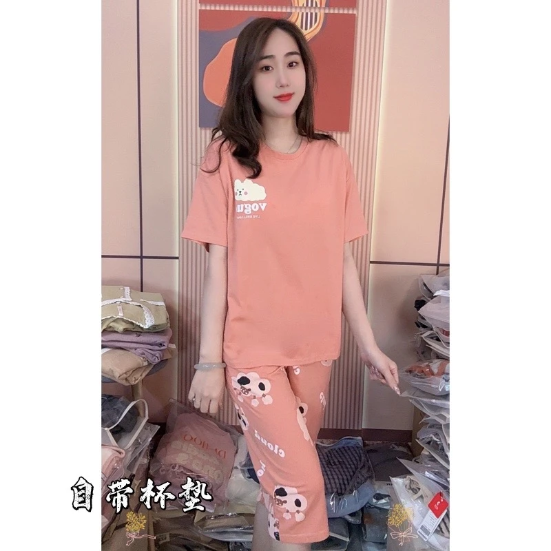 胸垫版睡衣女夏季纯棉短袖七分裤休闲家居服套装（桔色绵羊）