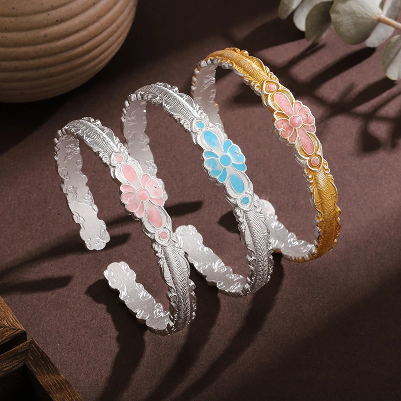 合金珐琅手镯 古法轻奢手工描金碧海蓝花间辞手镯新中式蔷薇开口