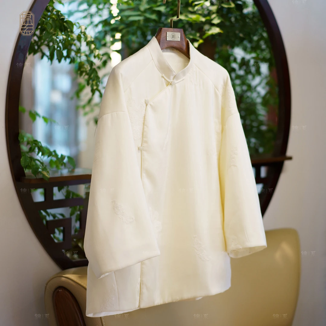 【锦系】真丝弹力双乔新中式国风桑蚕丝绣花加棉长袖外套E-382151