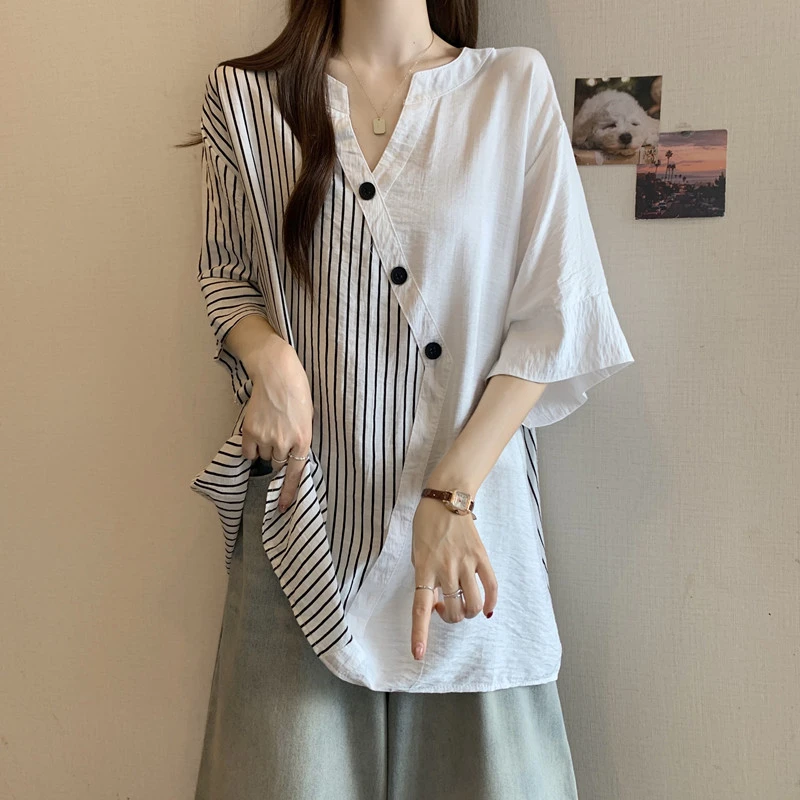 韩版V领条纹撞色拼接短袖衬衫女2025夏大码胖mm宽松百搭显瘦上衣