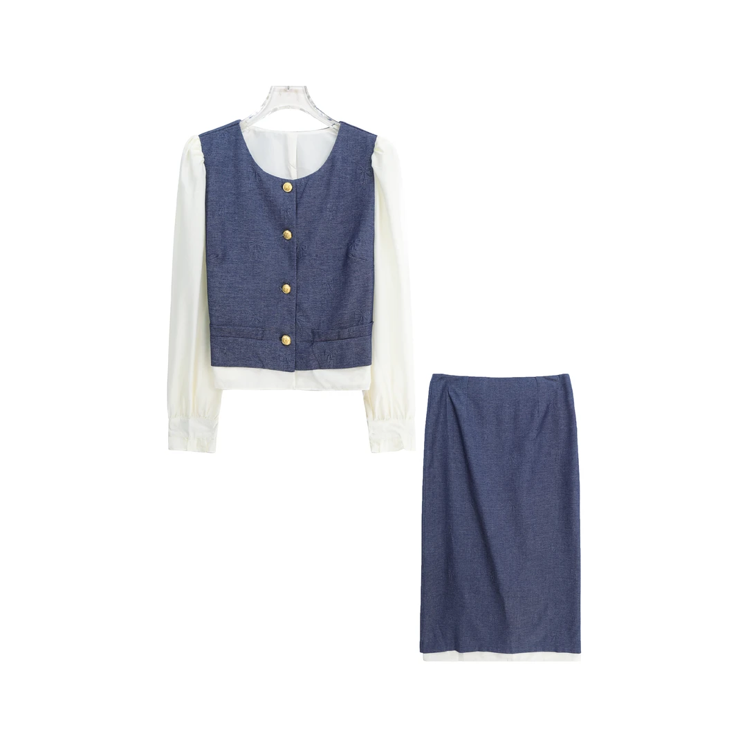 时尚假两件上衣修身包臀半身裙千金风套装X27145