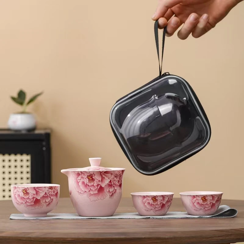 粉色哑光牡丹旅行套装1510简约户外车载陶瓷