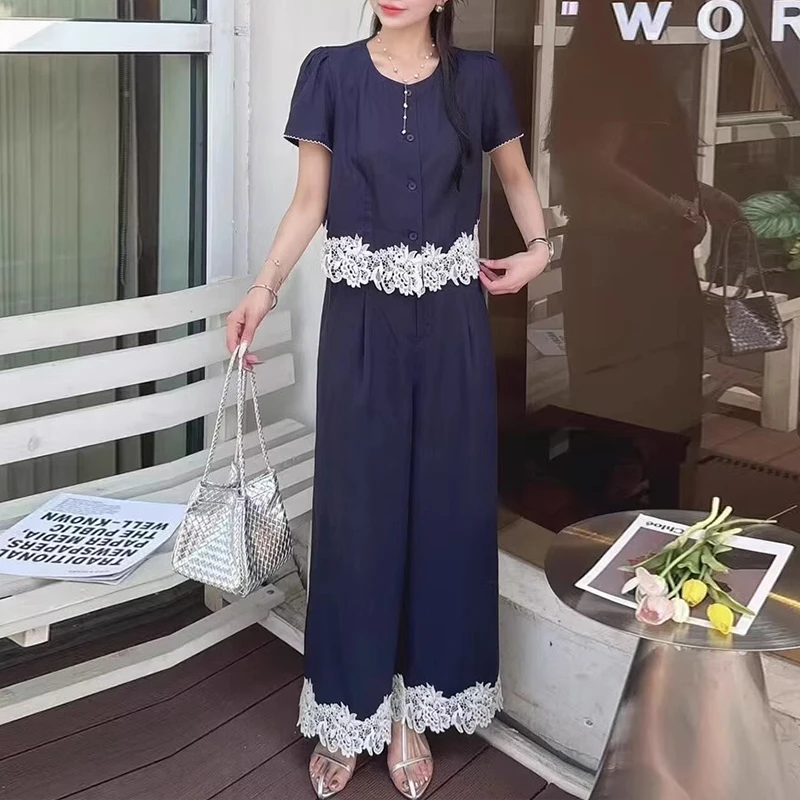 小香风时尚套装女2025新款夏季蕾丝拼接短袖衬衫直筒休闲裤两件套