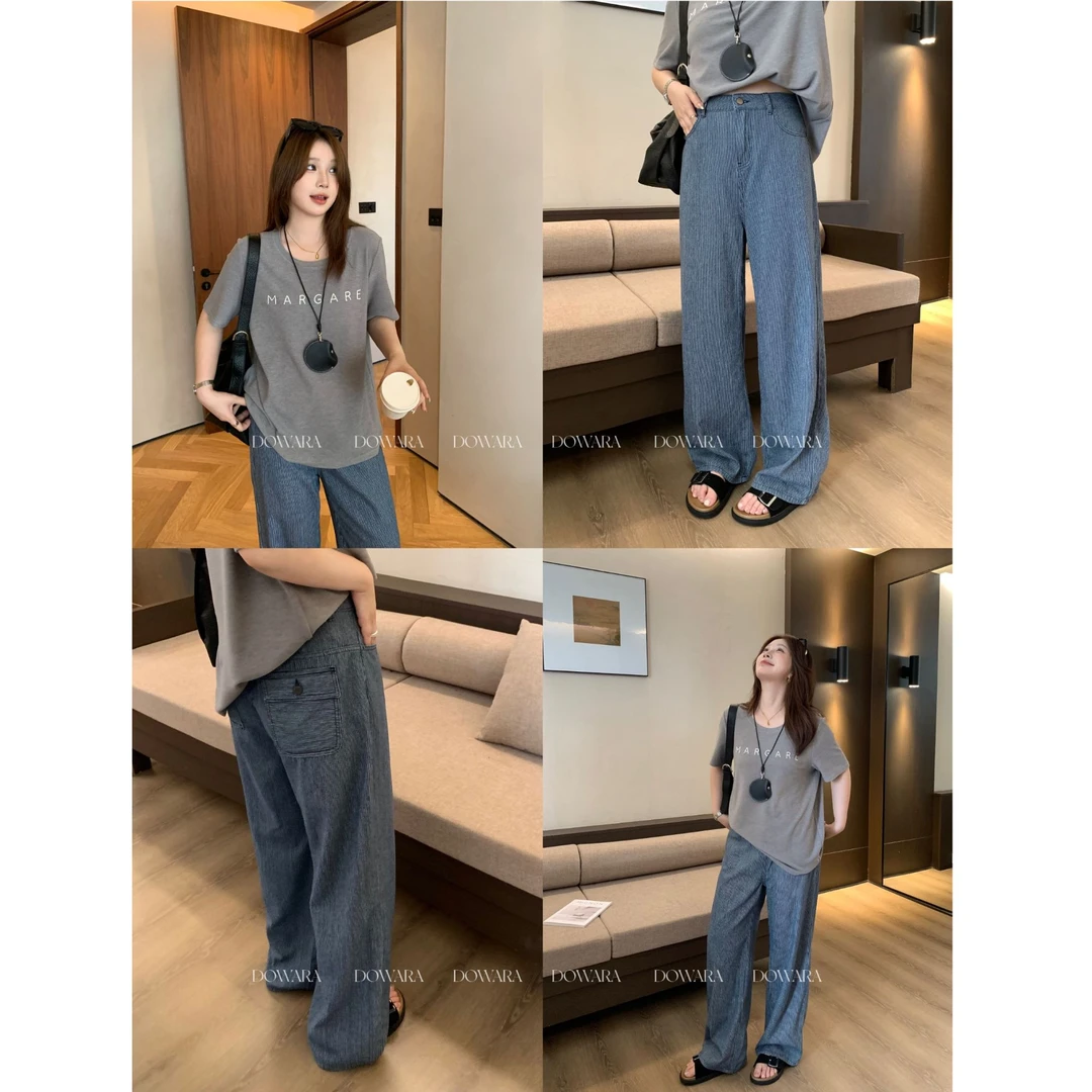 现货大婉酱微胖定制【条纹丹宁】美式蓝色阔腿牛仔裤直筒长裤 9773D